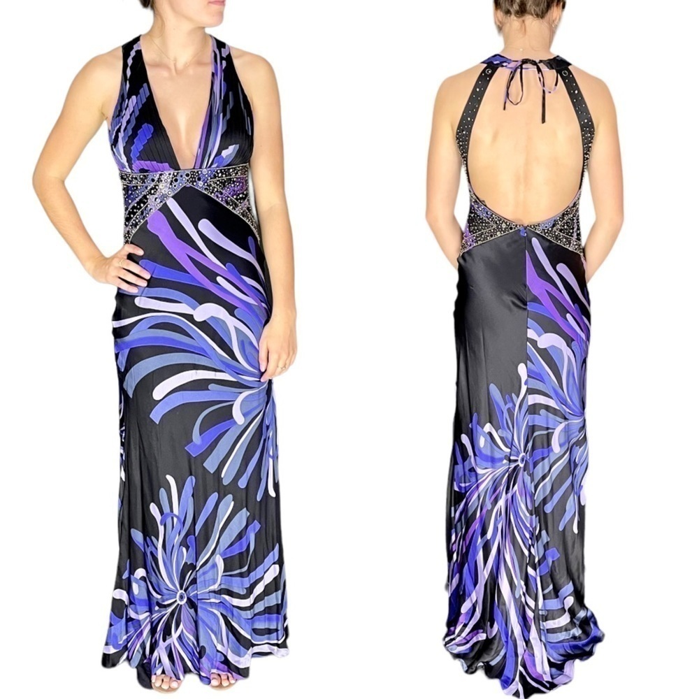 SUE WONG Y2K SILK PLUNGE HALTER STUDDED FLORAL SEXY CUTOUT FORMAL GOWN DRESS